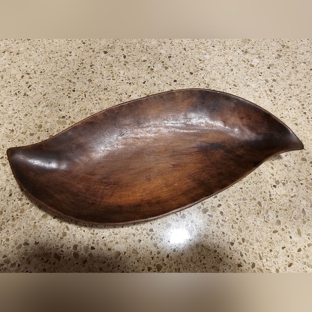 Vintage Handcrafted Brown Wooden Leaf Serving Bowl